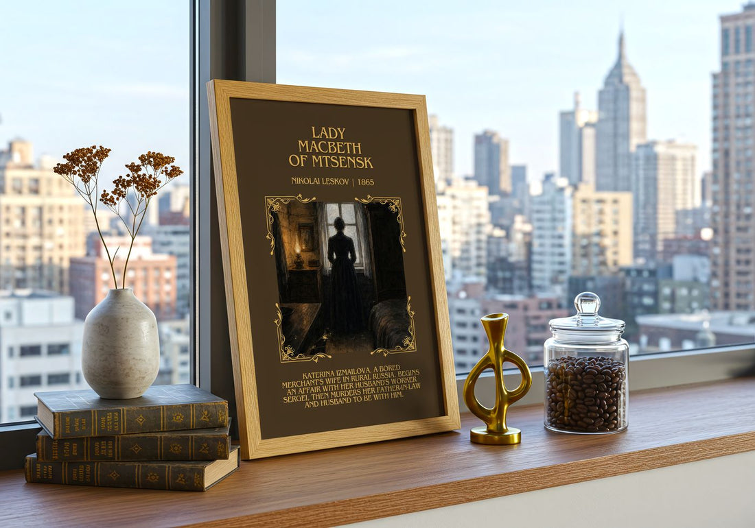 Lady Macbeth Of Mtsensk Minimalist Book Poster by Nikolai Leskov – framed print on a city-view windowsill