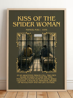 Kiss of the Spider Woman Minimalist Book Poster by Manuel Puig – framed print leaning on a wooden floor