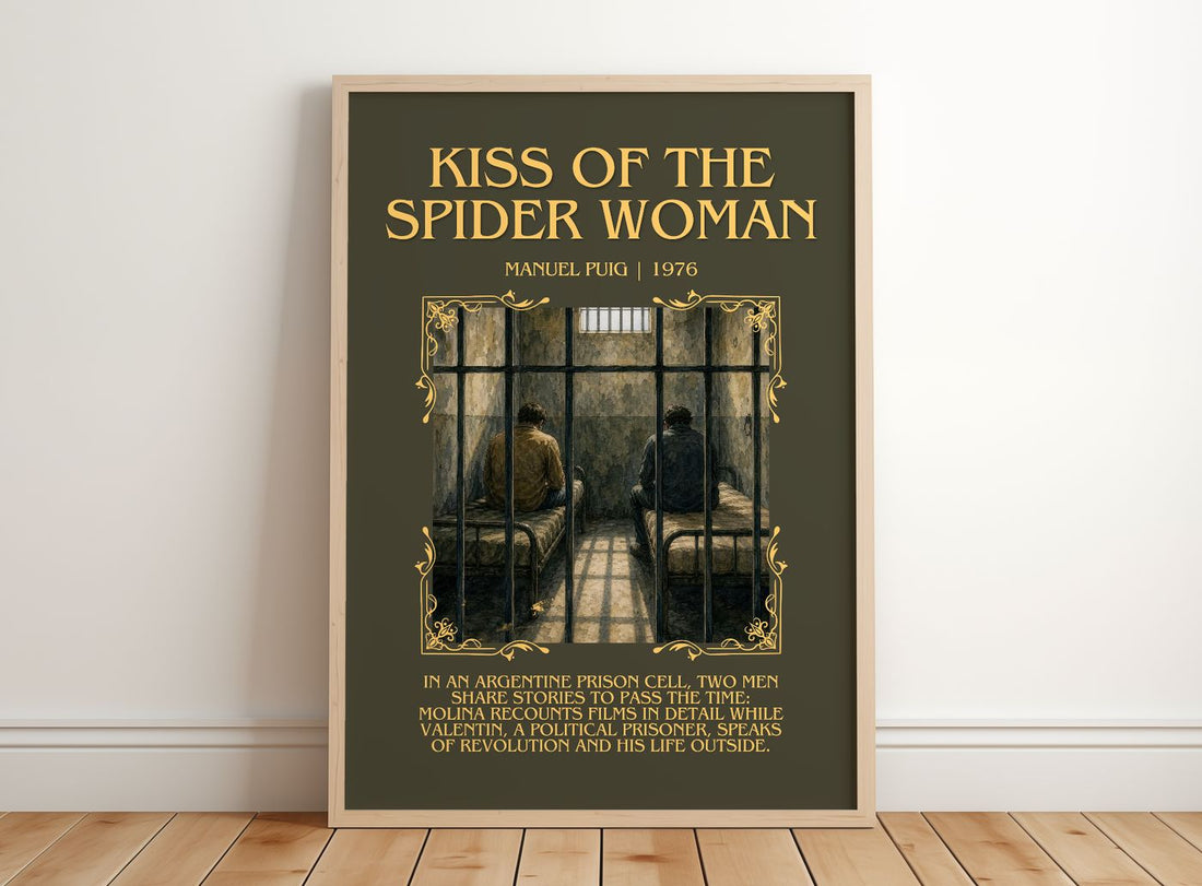 Kiss of the Spider Woman Minimalist Book Poster by Manuel Puig – framed print leaning on a wooden floor