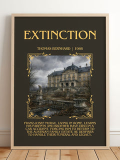 Extinction Minimalist Book Poster by Thomas Bernhard – framed print leaning on a wooden floor