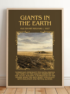 Giants in the Earth Minimalist Book Poster by Ole Edvart Rolvaag – framed print leaning on a wooden floor