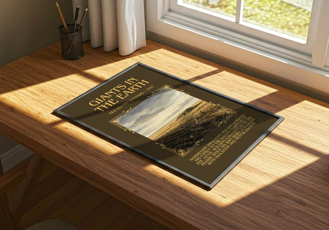 Giants in the Earth Minimalist Book Poster by Ole Edvart Rolvaag – print on a sunlit desk