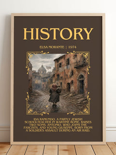 History Minimalist Book Poster by Elsa Morante – framed print leaning on a wooden floor