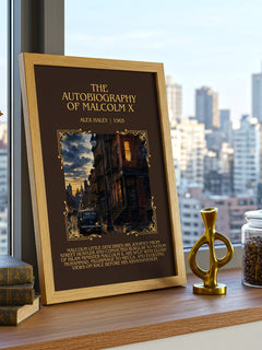 The Autobiography of Malcolm X Minimalist Book Poster by Alex Haley – framed print on a city-view windowsill