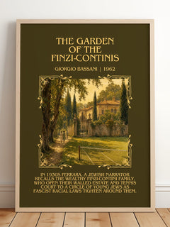 Garden of the Finzi-Continis Minimalist Book Poster by Giorgio Bassani – framed print leaning on a wooden floor