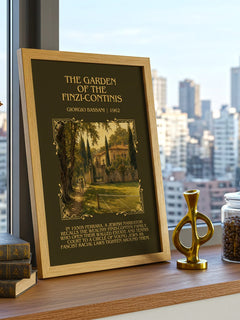 Garden of the Finzi-Continis Minimalist Book Poster by Giorgio Bassani – framed print on a city-view windowsill