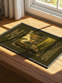 Garden of the Finzi-Continis Minimalist Book Poster by Giorgio Bassani – print on a sunlit desk