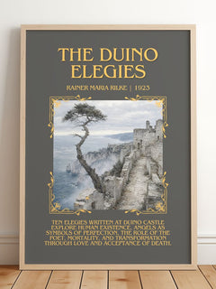 The Duino Elegies Minimalist Book Poster by Rainer Maria Rilke – framed print leaning on a wooden floor