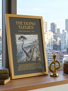 The Duino Elegies Minimalist Book Poster by Rainer Maria Rilke – framed print on a city-view windowsill