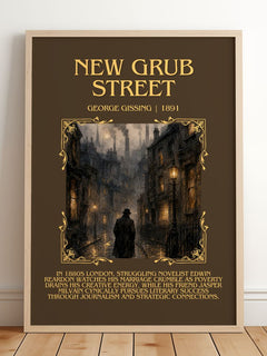 New Grub Street Minimalist Book Poster by George Gissing – framed print leaning on a wooden floor