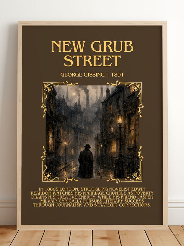 New Grub Street Minimalist Book Poster by George Gissing – framed print leaning on a wooden floor