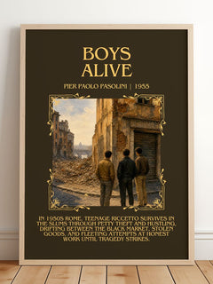 Boys Alive Minimalist Book Poster by Pier Paolo Pasolini – framed print leaning on a wooden floor