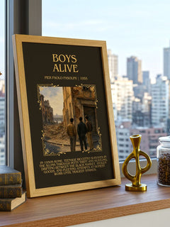 Boys Alive Minimalist Book Poster by Pier Paolo Pasolini – framed print on a city-view windowsill