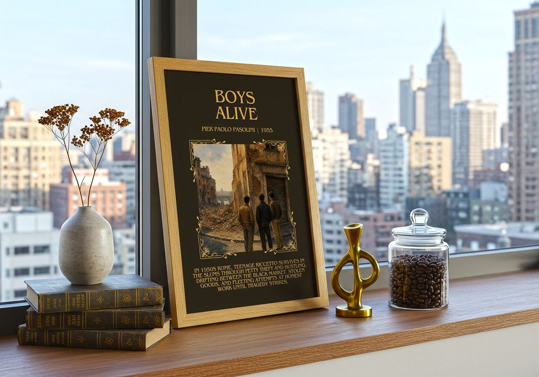 Boys Alive Minimalist Book Poster by Pier Paolo Pasolini – framed print on a city-view windowsill