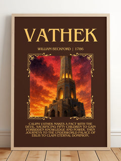 Vathek Minimalist Book Poster by William Beckford – framed print leaning on a wooden floor