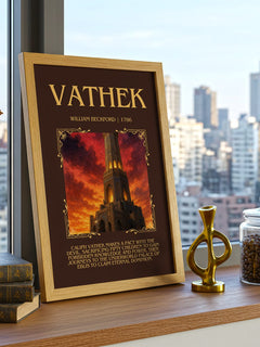 Vathek Minimalist Book Poster by William Beckford – framed print on a city-view windowsill