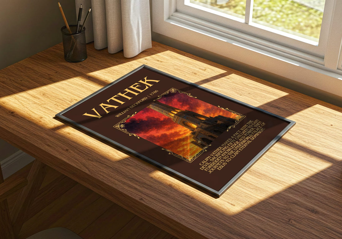 Vathek Minimalist Book Poster by William Beckford – print on a sunlit desk