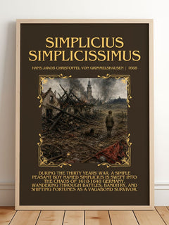 Simplicius Simplicissimus Minimalist Book Poster by H. Grimmelshausen – framed print leaning on a wooden floor