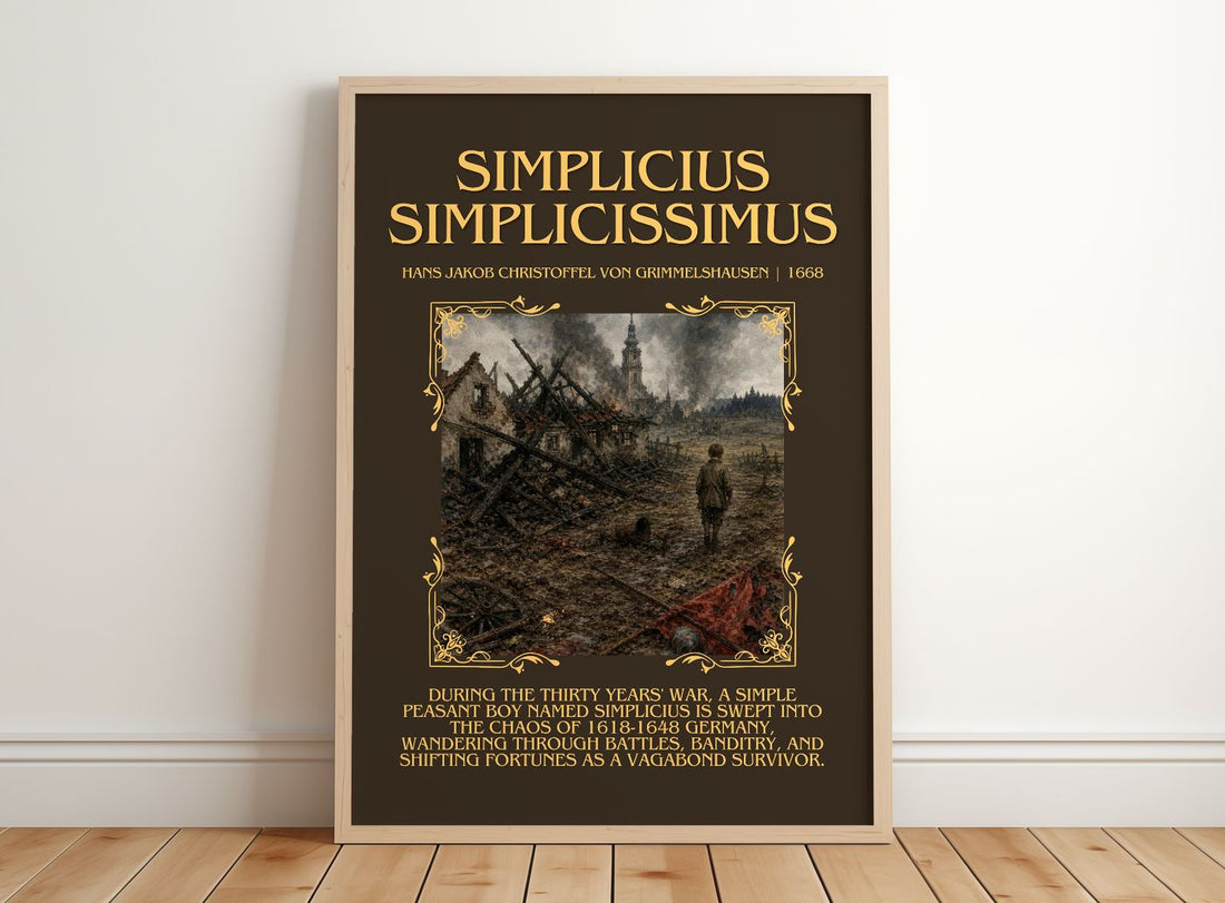 Simplicius Simplicissimus Minimalist Book Poster by H. Grimmelshausen – framed print leaning on a wooden floor