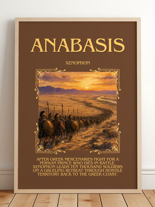 Anabasis Minimalist Book Poster by Xenophon – framed print leaning on a wooden floor