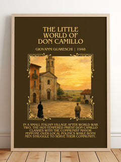 Little World Of Don Camillo Minimalist Book Poster by G. Guareschi – framed print leaning on a wooden floor