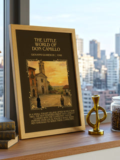 Little World Of Don Camillo Minimalist Book Poster by G. Guareschi – framed print on a city-view windowsill