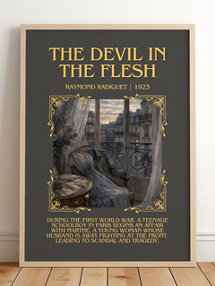 The Devil in the Flesh Minimalist Book Poster by Raymond Radiguet – framed print leaning on a wooden floor