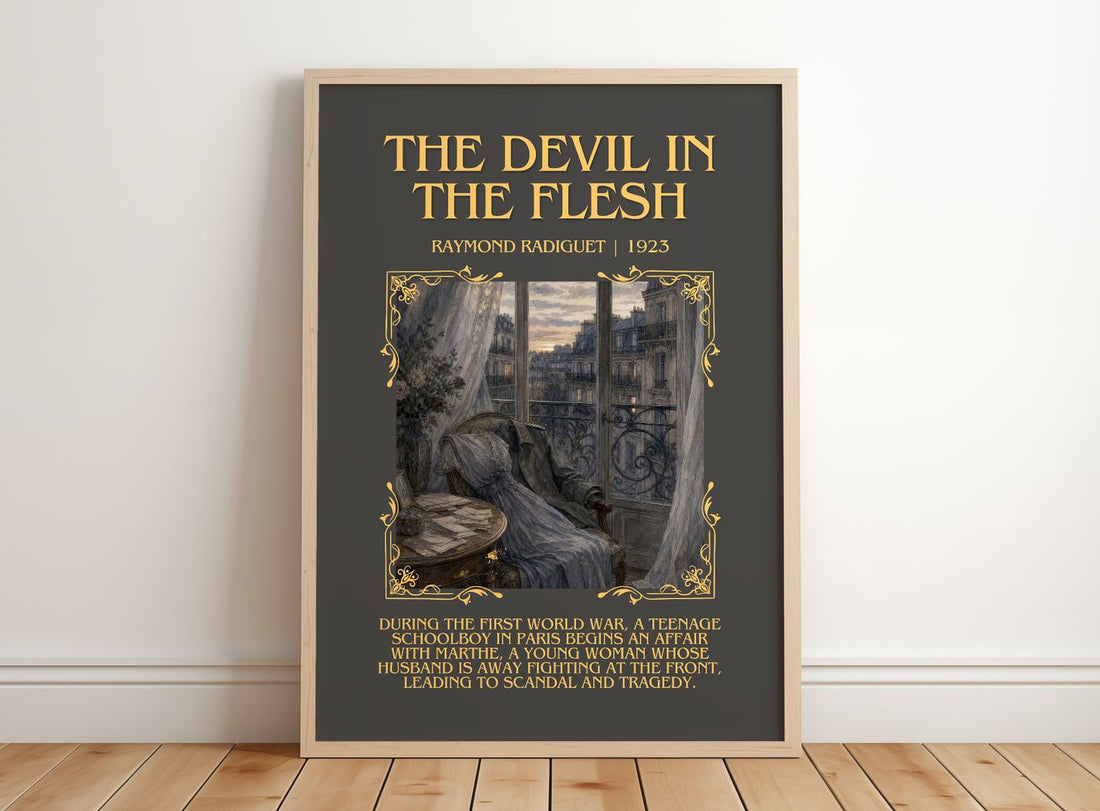 The Devil in the Flesh Minimalist Book Poster by Raymond Radiguet – framed print leaning on a wooden floor