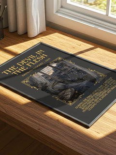 The Devil in the Flesh Minimalist Book Poster by Raymond Radiguet – print on a sunlit desk