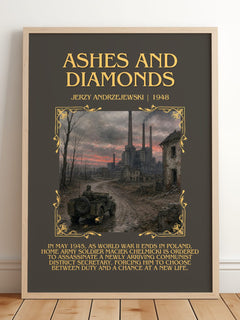 Ashes and Diamonds Minimalist Book Poster by Jerzy Andrzejewski – framed print leaning on a wooden floor