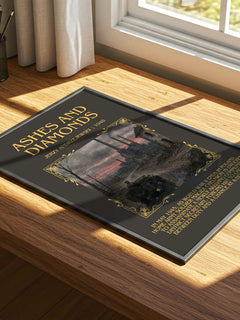 Ashes and Diamonds Minimalist Book Poster by Jerzy Andrzejewski – print on a sunlit desk