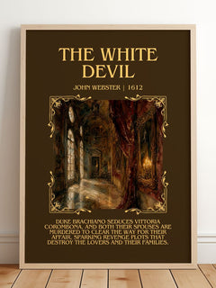 The White Devil Minimalist Book Poster by John Webster – framed print leaning on a wooden floor