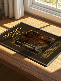 The White Devil Minimalist Book Poster by John Webster – print on a sunlit desk