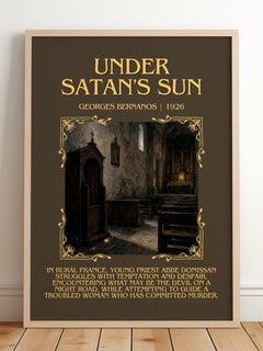 Under Satan's Sun Minimalist Book Poster by Georges Bernanos – framed print leaning on a wooden floor