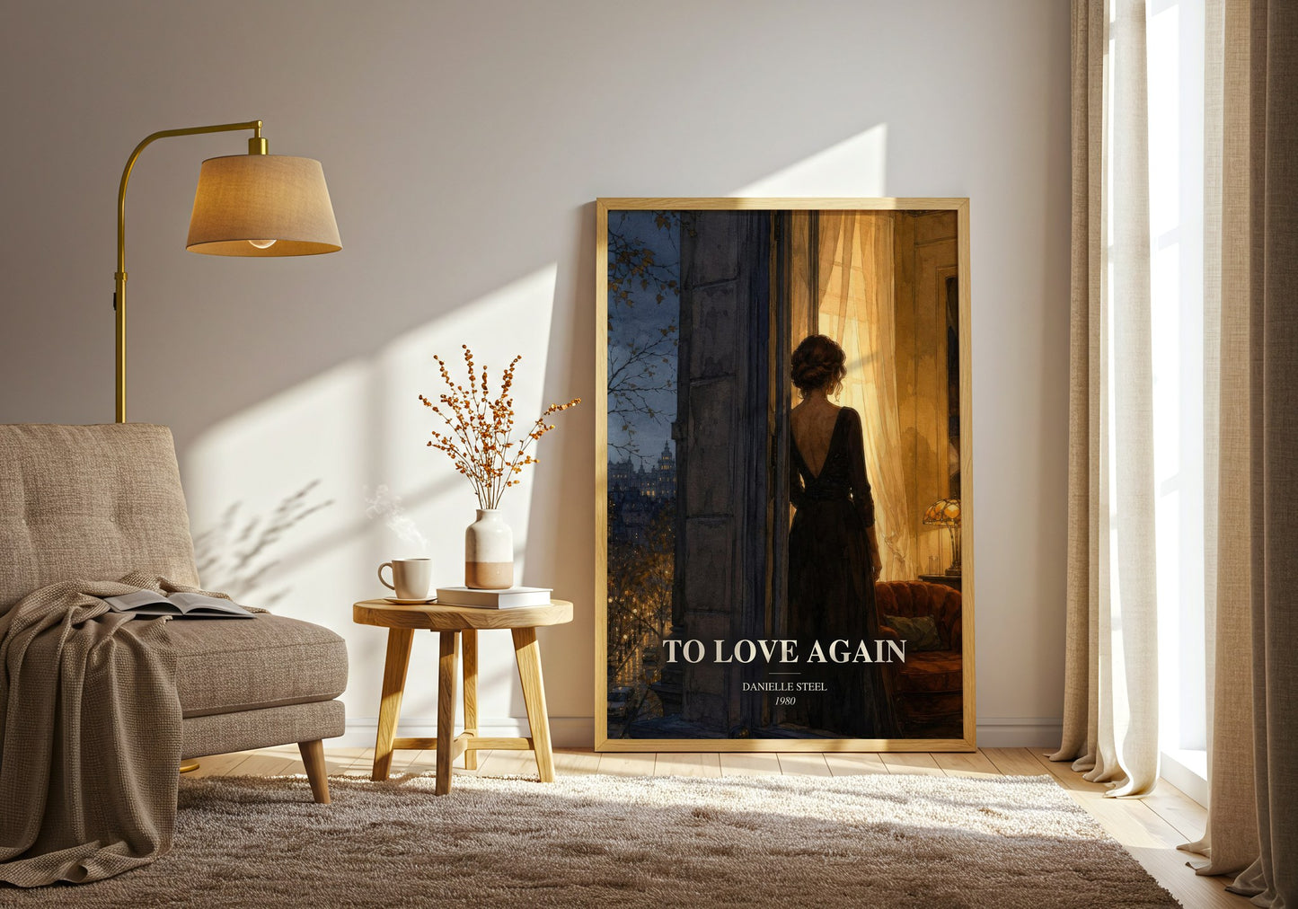 To Love Again watercolour print in frame leaning in hallway – contemporary fiction wall art