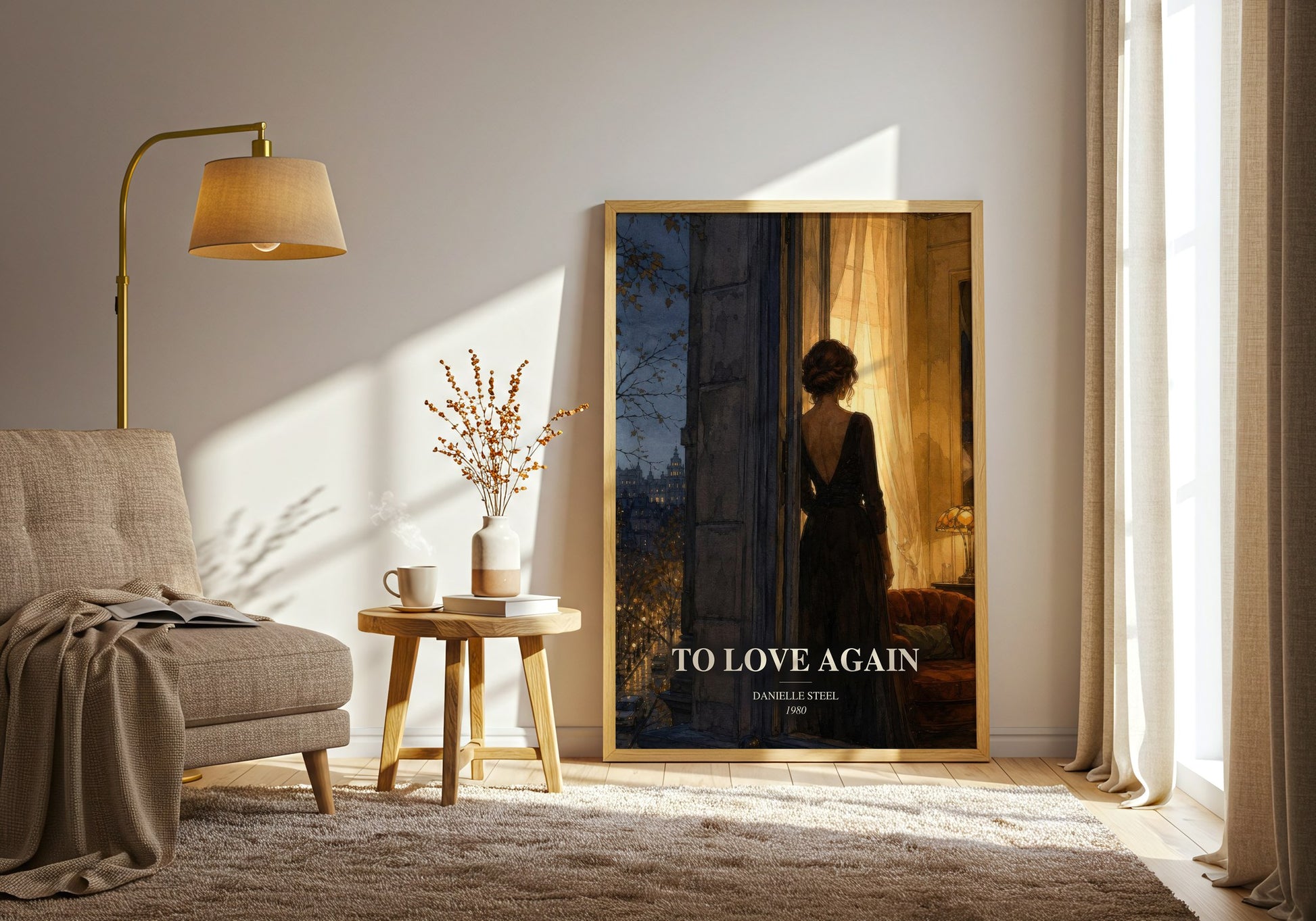 To Love Again watercolour print in frame leaning in hallway – contemporary fiction wall art