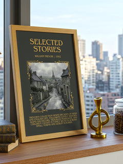 Selected Stories Minimalist Book Poster by William Trevor – framed print on a city-view windowsill