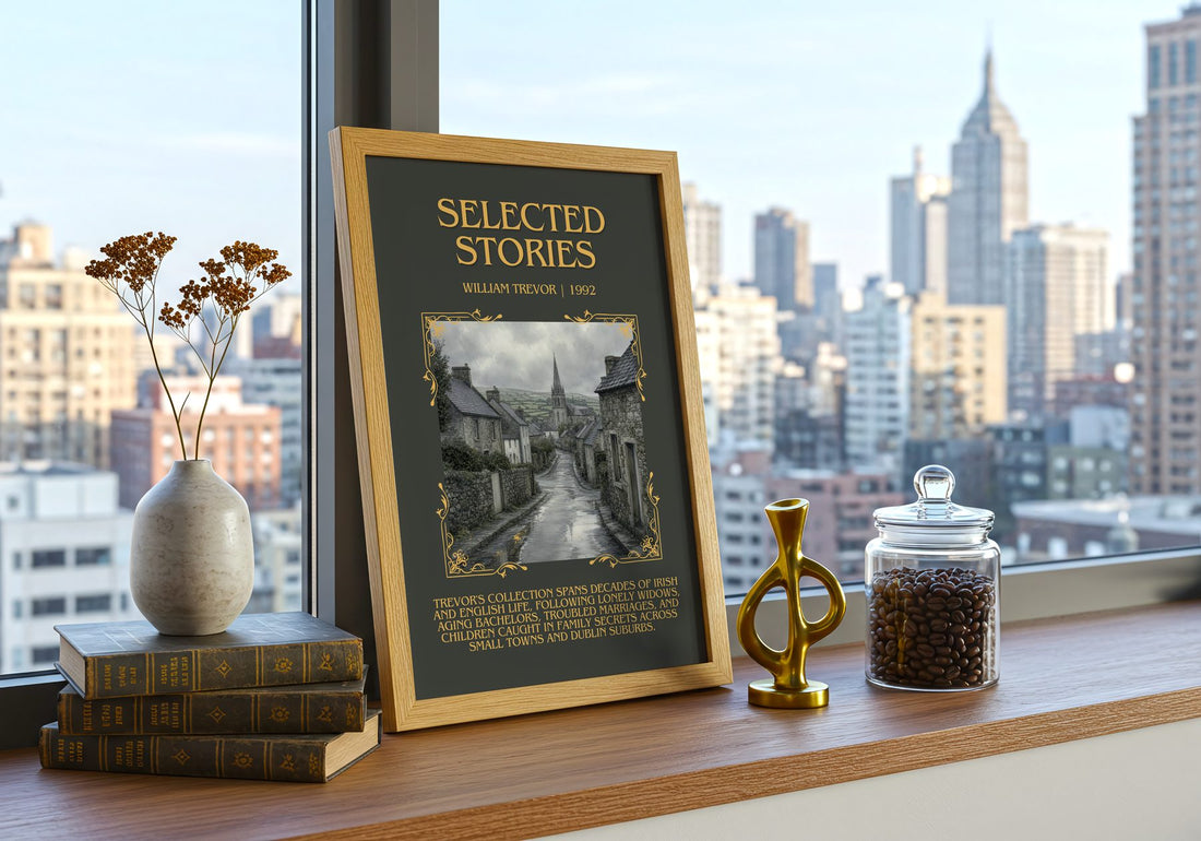 Selected Stories Minimalist Book Poster by William Trevor – framed print on a city-view windowsill