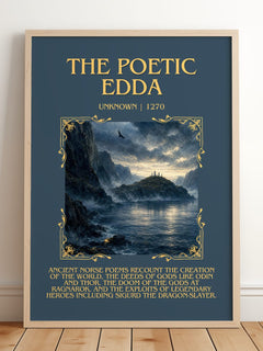The Poetic Edda Minimalist Book Poster by Unknown – framed print leaning on a wooden floor