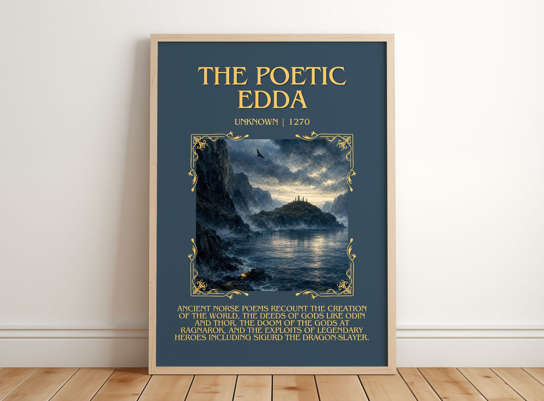 The Poetic Edda Minimalist Book Poster by Unknown – framed print leaning on a wooden floor
