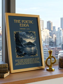The Poetic Edda Minimalist Book Poster by Unknown – framed print on a city-view windowsill