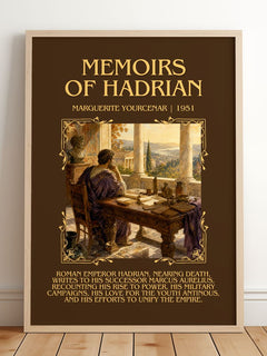 Memoirs of Hadrian Minimalist Book Poster by Marguerite Yourcenar – framed print leaning on a wooden floor