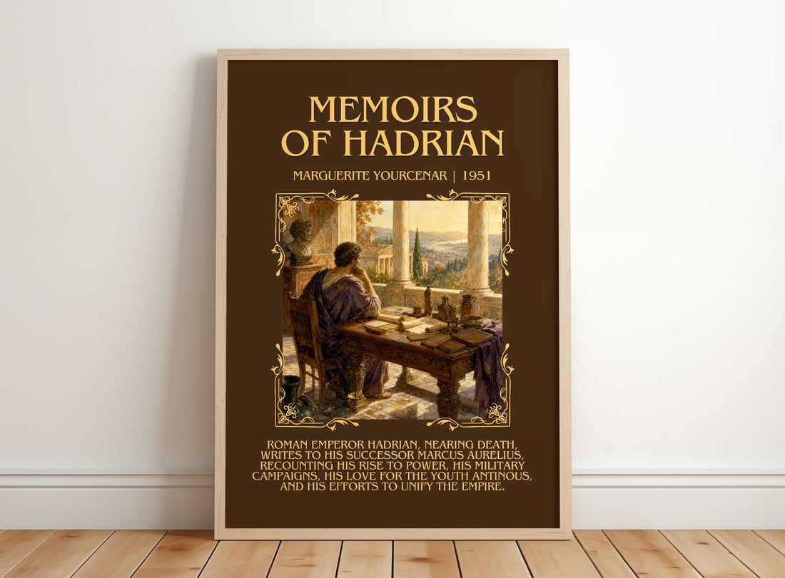 Memoirs of Hadrian Minimalist Book Poster by Marguerite Yourcenar – framed print leaning on a wooden floor