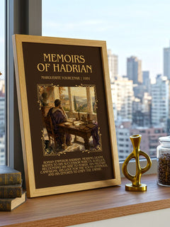 Memoirs of Hadrian Minimalist Book Poster by Marguerite Yourcenar – framed print on a city-view windowsill