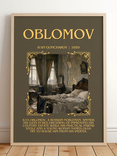 Oblomov Minimalist Book Poster by Ivan Goncharov – framed print leaning on a wooden floor