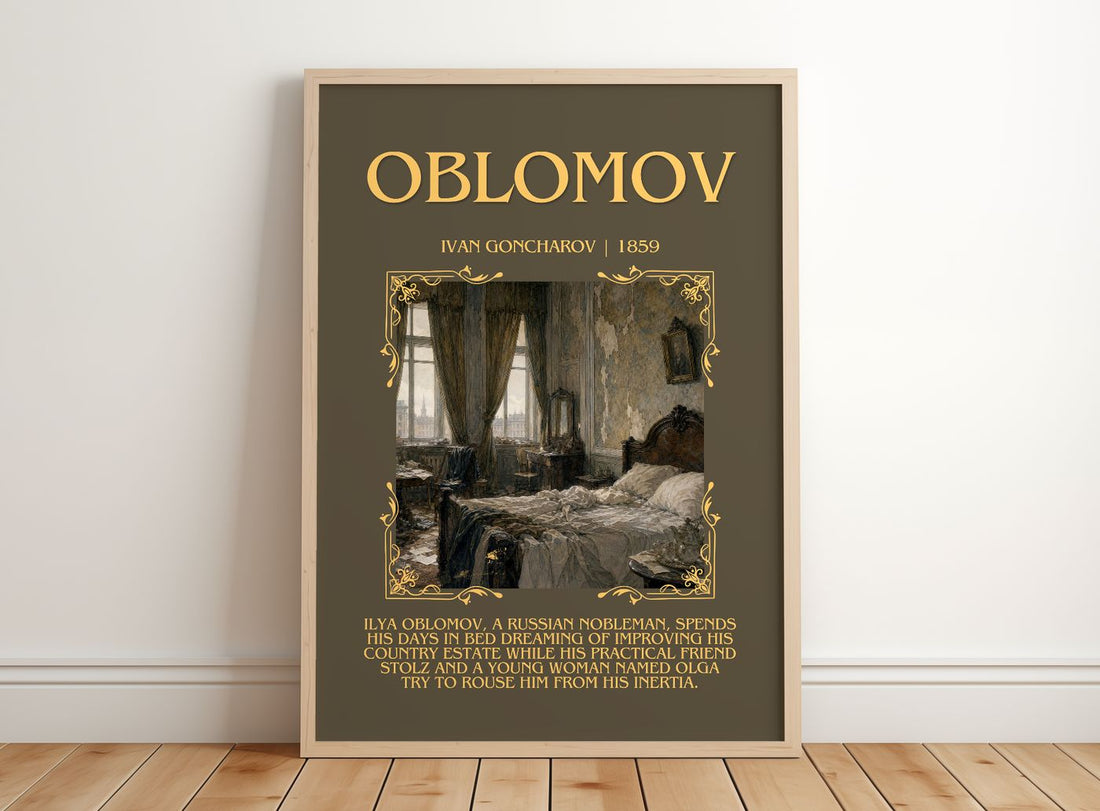 Oblomov Minimalist Book Poster by Ivan Goncharov – framed print leaning on a wooden floor