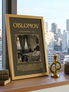 Oblomov Minimalist Book Poster by Ivan Goncharov – framed print on a city-view windowsill