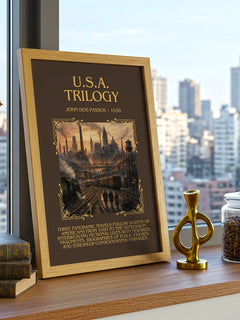 U.S.A. Trilogy Minimalist Book Poster by John Dos Passos – framed print on a city-view windowsill