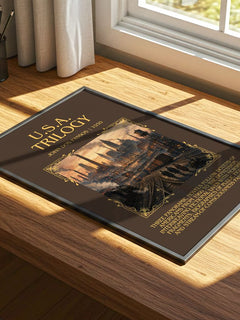 U.S.A. Trilogy Minimalist Book Poster by John Dos Passos – print on a sunlit desk