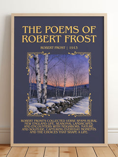 The Poems of Robert Frost Minimalist Book Poster by Robert Frost – framed print leaning on a wooden floor